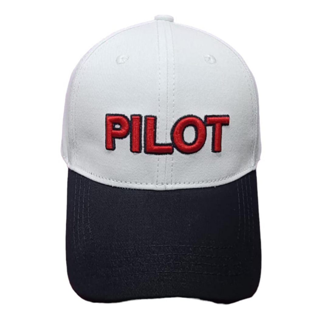 Pilot 3D Embroidered White/Black Adult Unisex Cotton Cap - Premium Quality