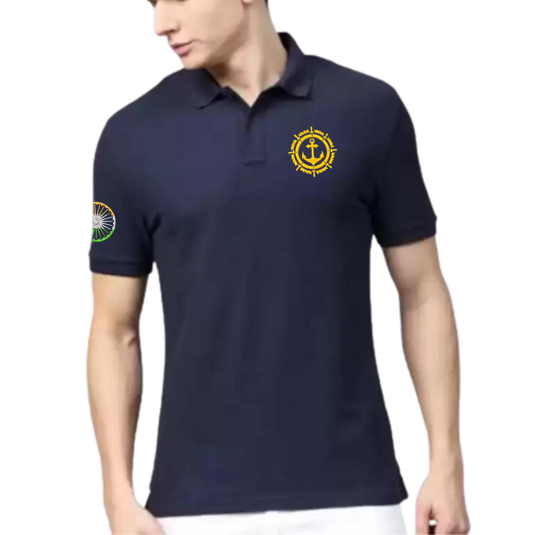 Merchant Navy Anchor with Wheel Logo on Chest With Tri-colour Wheel on Sleeves Embroidered Cotton Polo Neck T-shirt