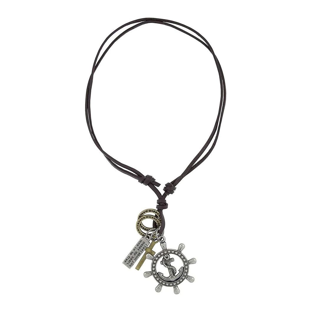 Anchor Helm Wheel Cross Bronze Vintage Dog Tag Oxidised Leather Pendant Chain