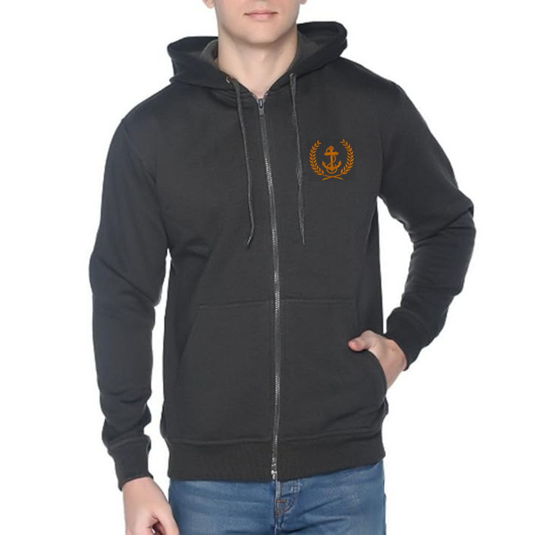 Merchant Navy Unisex Zipper Hoodie with Anchor with Leaf Embroidery - Black