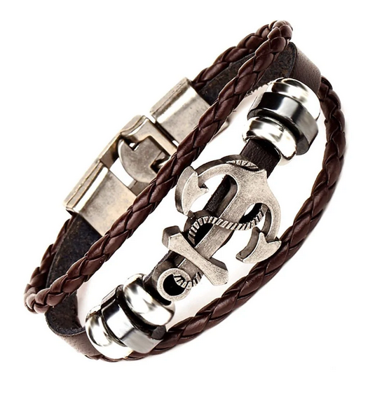 Anchor Braided Leather Ring Wrist Band Strand Bracelet - Men