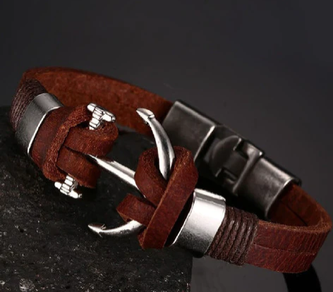 Anchor Leather Ring Wrist Band Strand Bracelet - Men